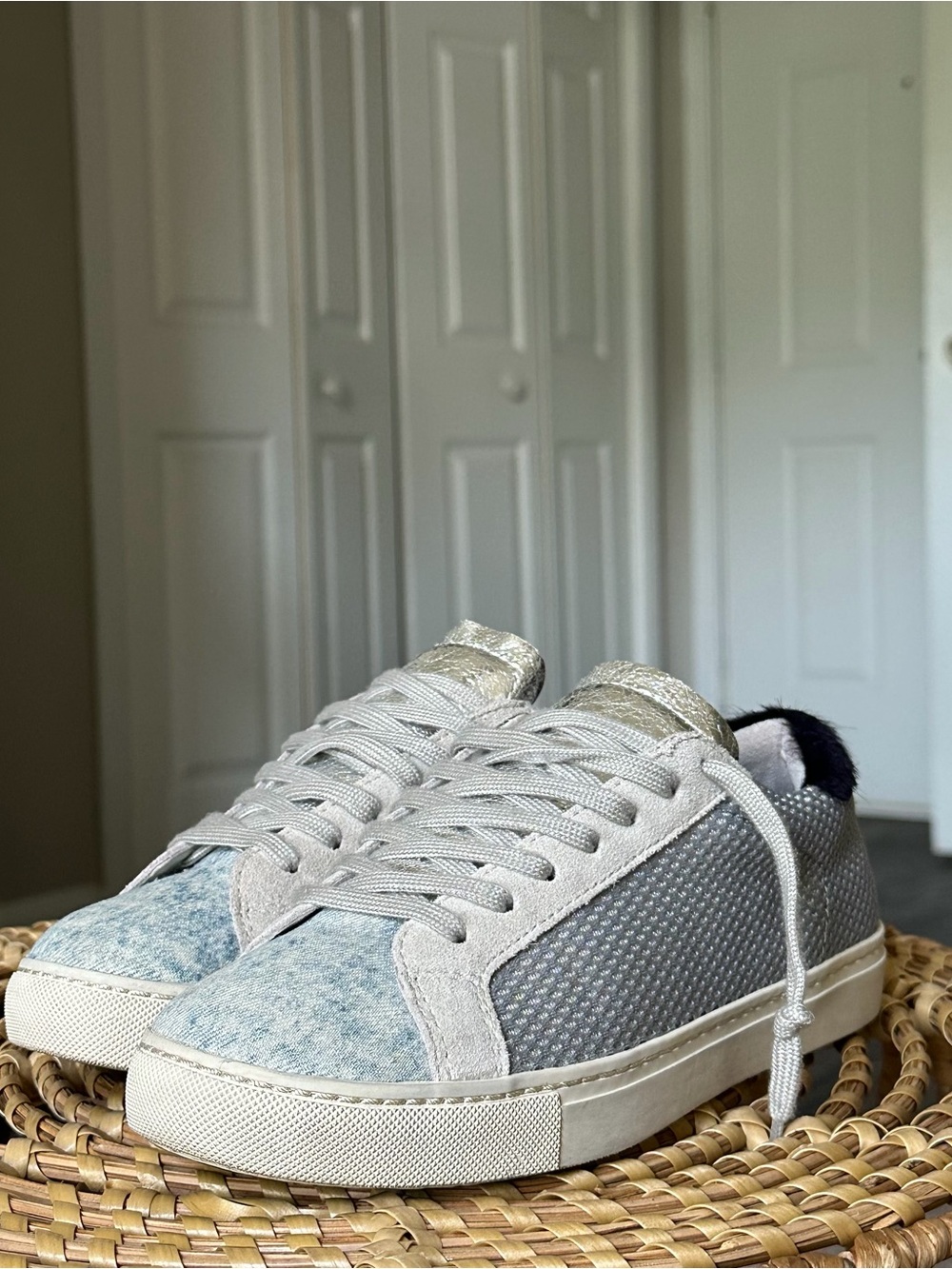 Light Gray Metallic & Blue Women's Casual Sneakers Steve Madden “Payton” US 7.5